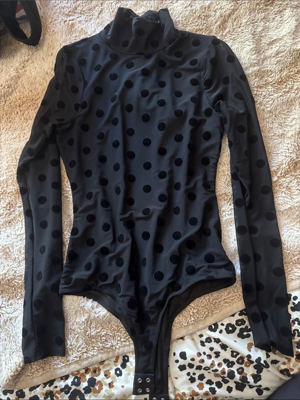 Black Velvet Polka Dot Long-Sleeve Turtleneck Jumpsuit Bodysuit